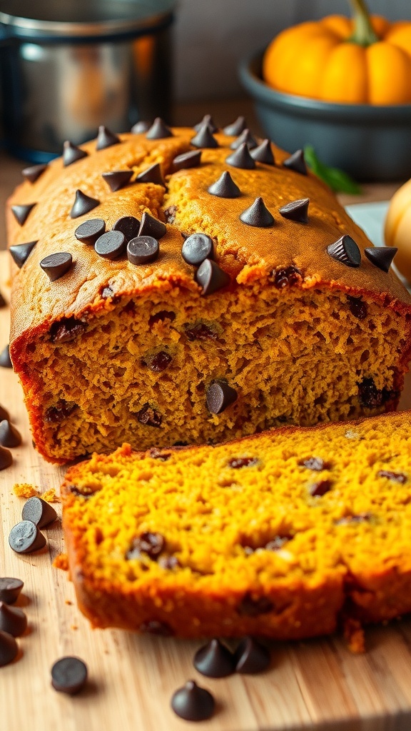 A loaf of pumpkin chocolate chip bread sliced, showing moist texture and chocolate chips, with a pumpkin in the background.
